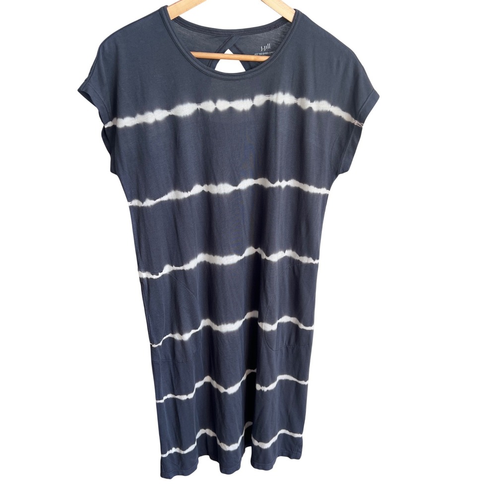 J Jill Fit Tie Dyed Dress Charcoal White Stripe Keyhole Back Casual XS Vacation
